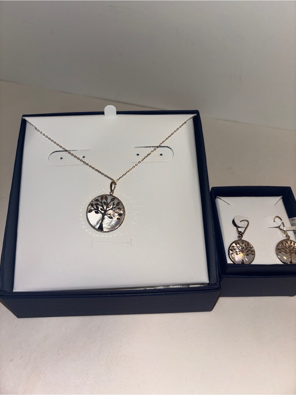 14k Gold and Mother of Pearl Tree of Life Pendant Necklace and Earrings Set